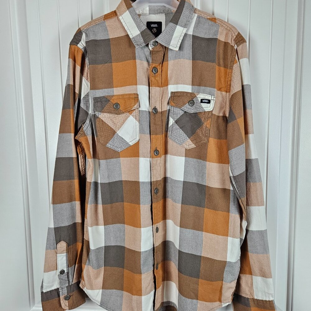 Vans Size S Small Plaid Long Sleeve Button Up Gray Orange 100% Cotton Shirt Mens